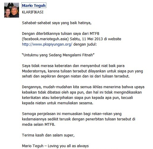 Klarifikasi Mario Teguh atas Upload PKS Piyungan Klarifikasi Mario Teguh atas Upload PKS Piyungan
