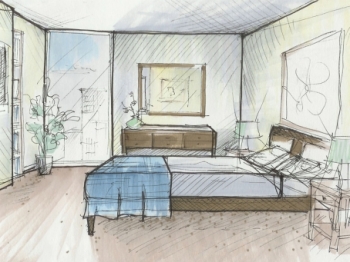 sketsa desain interior kamar tidur perspektif