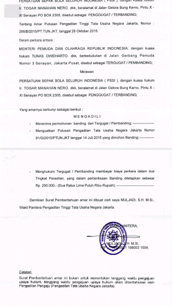Update SK Pembekuan PSSI oleh Menpora Tidak Sah Menurut PT TUN