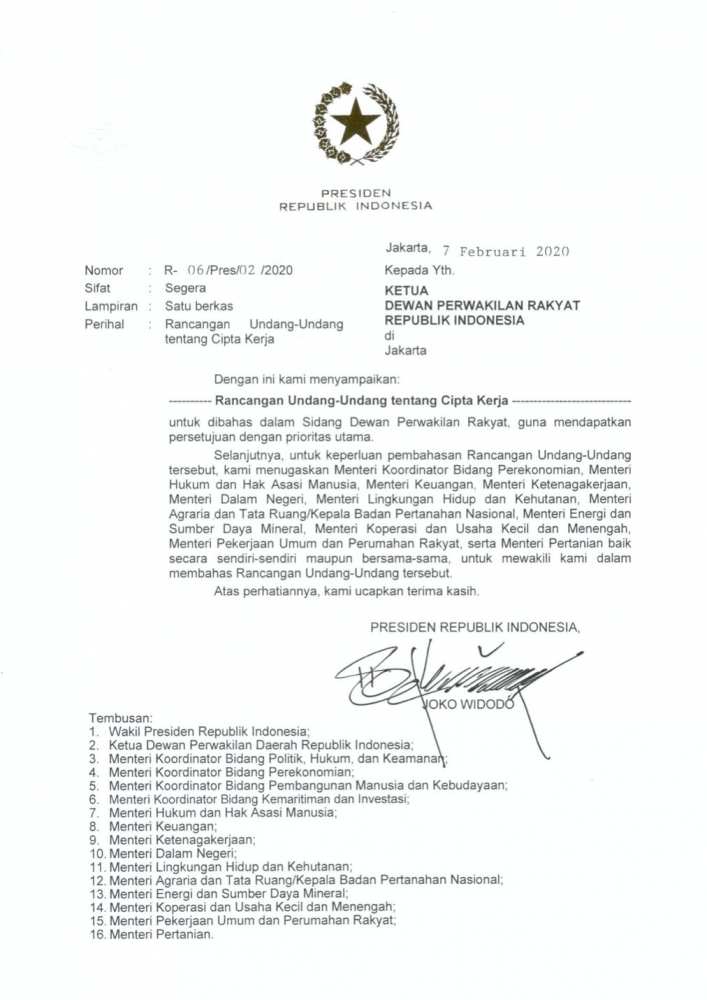 Surat Jokowi Nomor R 06 Tentang Uu Cipta Kerja Kepada Dpr Kompasiana Com